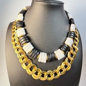 Statement Necklace Lot Black White Gold Chunky Curb Chain 18 in Vintage